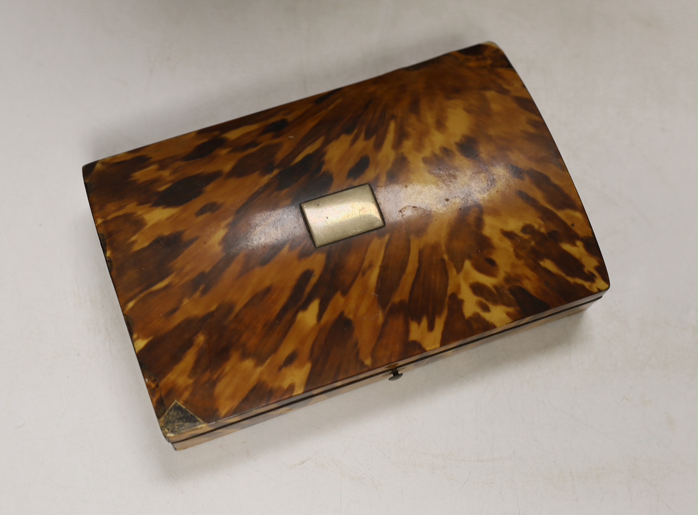A 19th century two section tortoiseshell tea caddy on ball feet, a tortoiseshell necessaire case and a tortoiseshell and mother of pearl inlaid card case. tea caddy 15cm wide x 11cm high x 9cm deep CITES Submission refer